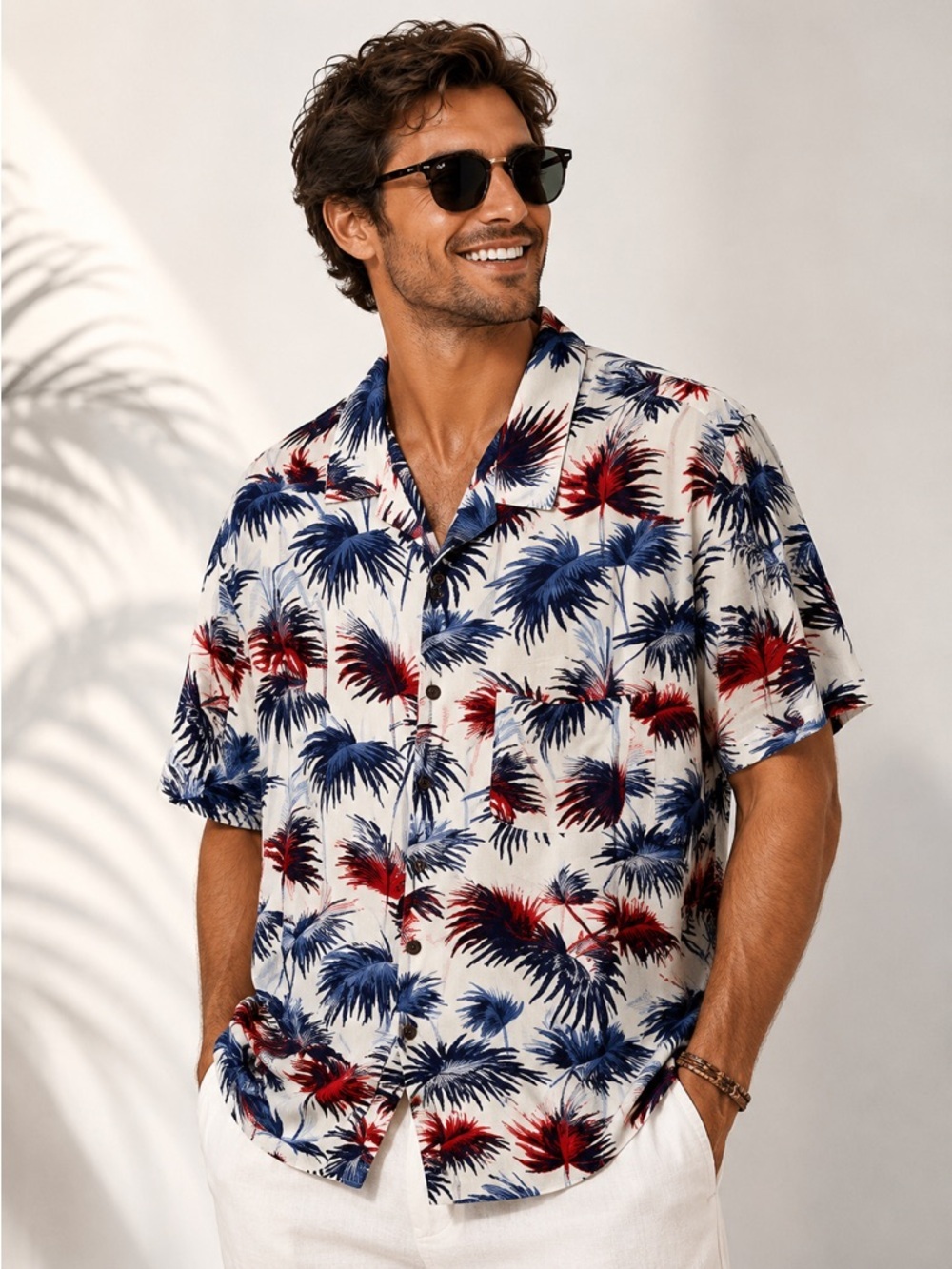 George Men's Hawaiian Shirt Tropical Palm Print Multicolor Size M Slim Fit